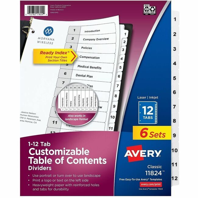 Avery Products Corporation Divider Ri 12TAB B&W 6 Pack AVE11824