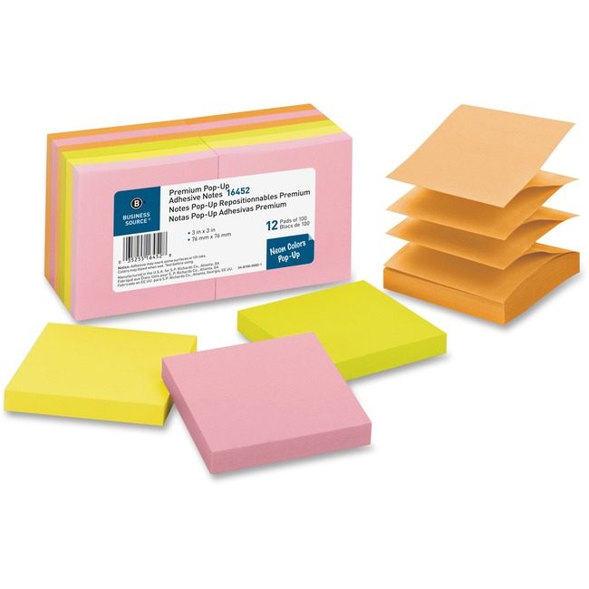 Business Source Notes Popup 3X3 12 Pack Neon BSN16452