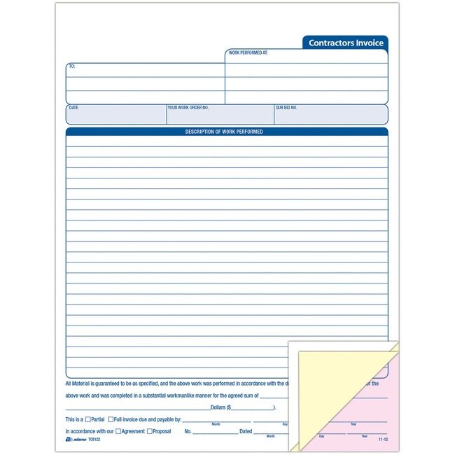 Adams Business Forms Book Invoice Contractors We ABFTC8122