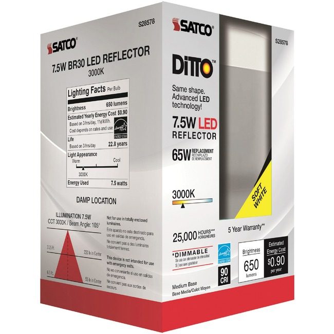 Satco Products, Inc. Bulb Led BR30 7.5W 30K Dimm SDNS28578CT