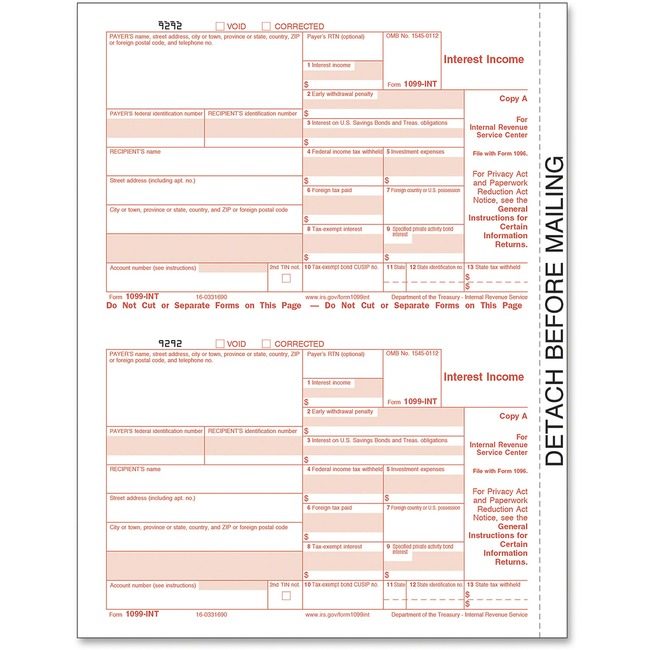 TOPS Products Adams 1099-Int Tax Forms For 2 TOP22983