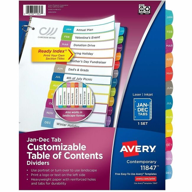 Avery Products Corporation Dividers Jan-Dec 12ARCHTABS AVE11847