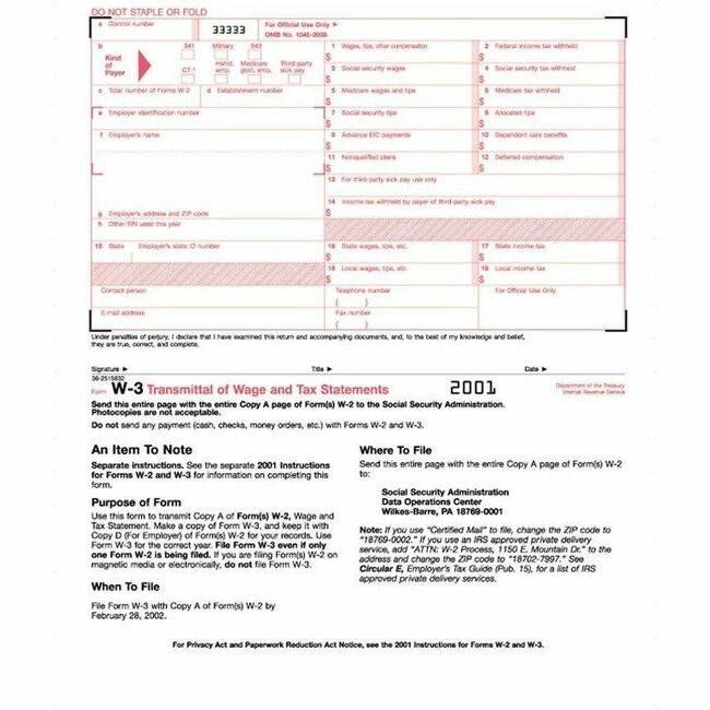 TOPS Products Form Tax W-3 2PT TOP2203