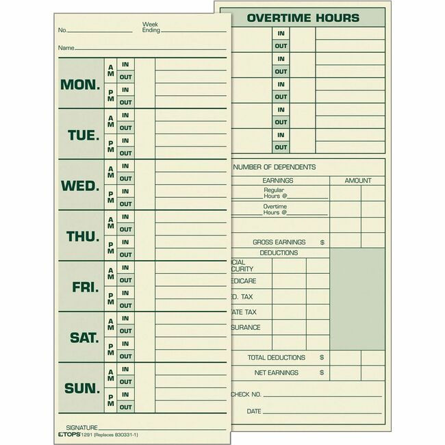 TOPS Products Form Time Card 3.5X8.5 TOP1291