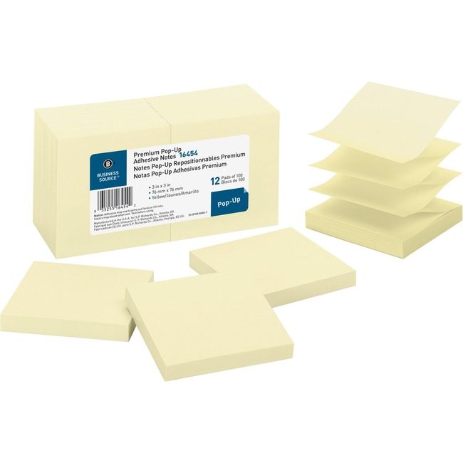 Business Source Notes Popup 3X3 12 Pack Canary BSN16454